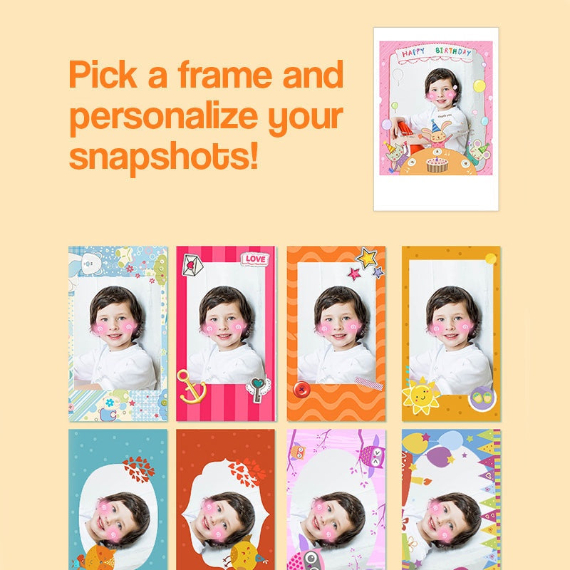 Kid instant print camera with colorful customizable photo frames for personalized snapshots