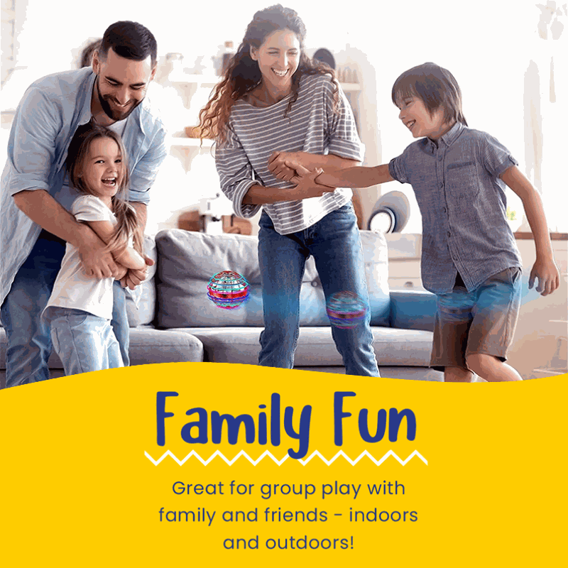 Family playing indoors with Galaxy Lights Flying Magic Orb for group fun and interactive play