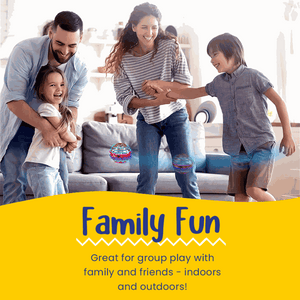 Family playing indoors with Galaxy Lights Flying Magic Orb for group fun and interactive play