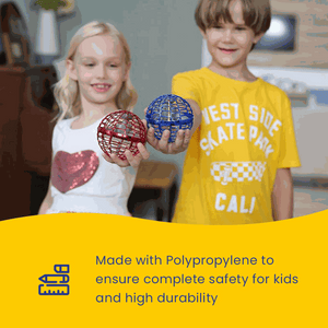 Children playing with blue and red Galaxy Lights Flying Magic Orbs made of durable polypropylene for safe play