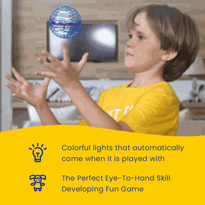 Child playing indoors with Galaxy Lights Flying Magic Orb showing colorful LED lights and hand-eye coordination fun