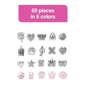 Silver and pink charms in 6 colors for kids bracelet-making kit