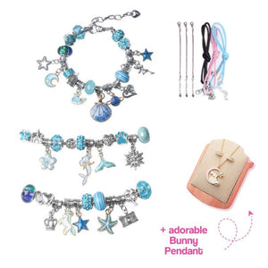 Kids bracelet-making kit with blue-themed charm bracelets, adjustable chains, colorful cords, and a bunny pendant necklace kit for creative play and gift giving