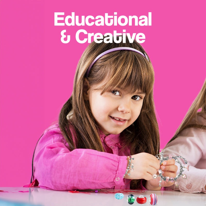 Child using educational and creative bracelet-making kit for kids on pink background