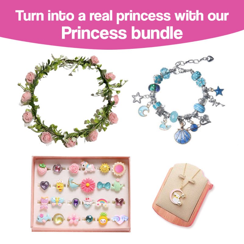 Princess bundle with floral crown, charm bracelet, assorted rings, and pendant necklace for kids bracelet-making kit