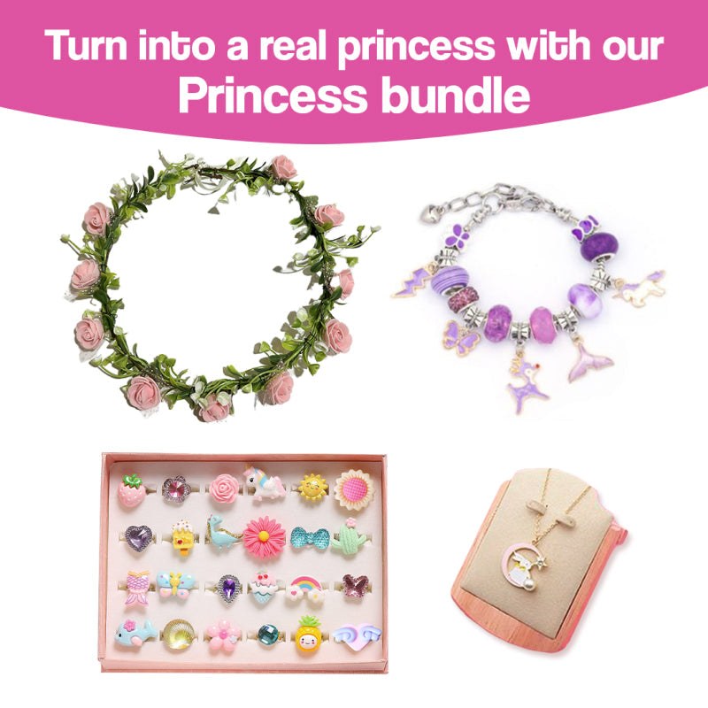 Princess bundle with floral crown, purple charm bracelet, assorted colorful beads, and moon pendant necklace for kids bracelet-making kit