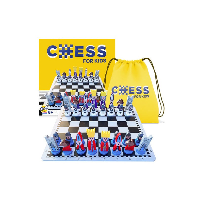 Educational wooden cartoon chess set for kids with colorful pieces and yellow storage bag