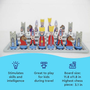 Educational wooden cartoon chess set for kids with colorful, durable pieces on travel-friendly board