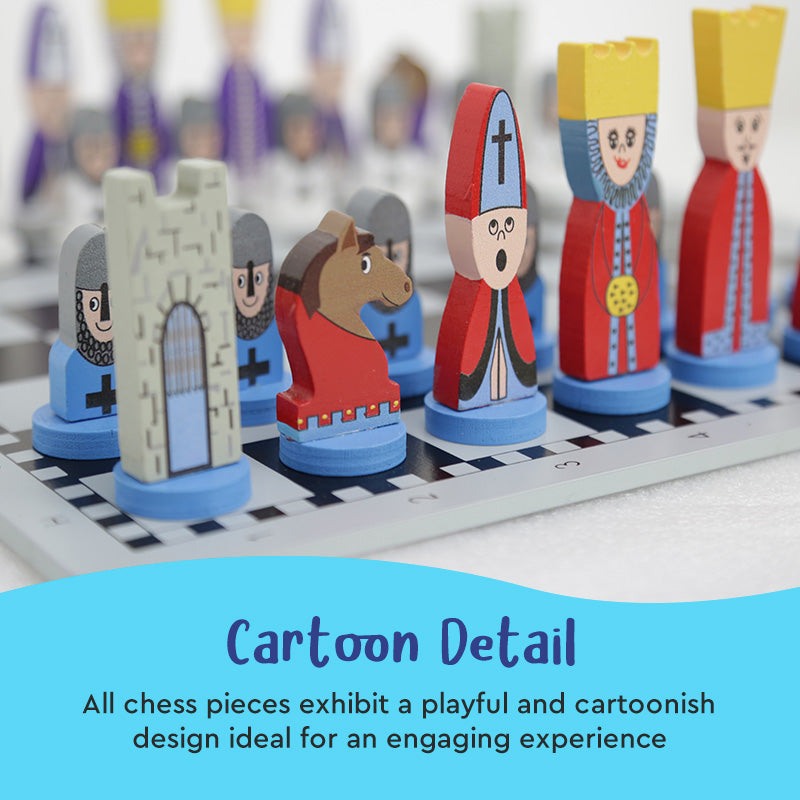 Close-up of educational wooden cartoon chess set pieces with playful, colorful, cartoon-style design on chessboard squares