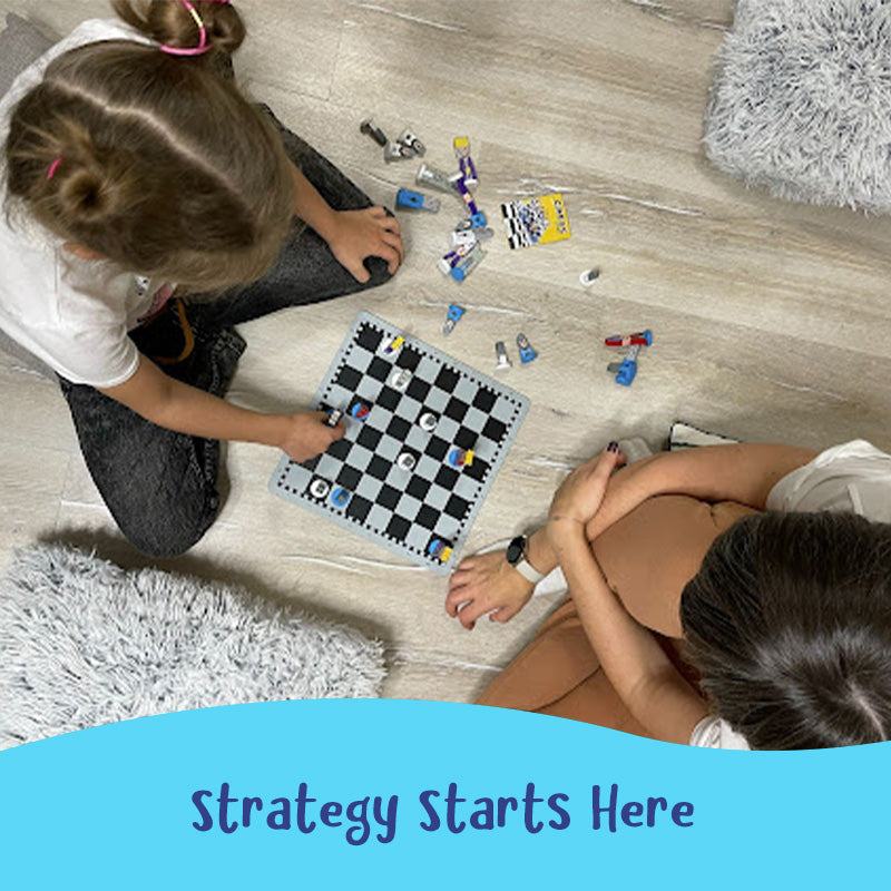 Children playing with Educational Wooden Cartoon Chess Set on floor, featuring cartoon-designed chess pieces and board for kids' learning and fun