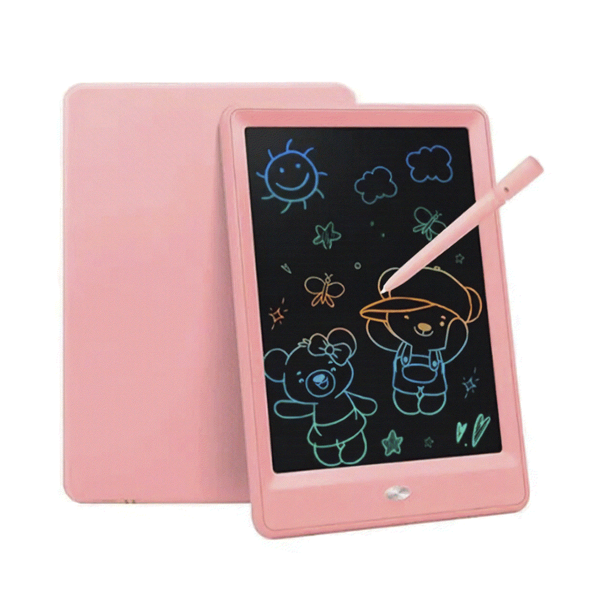 colorful LCD writing and drawing tablet for kids with vibrant screen and stylus on white background