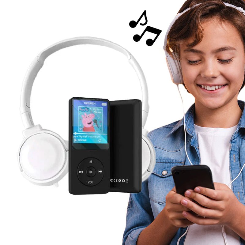 Child using MP3 Player With Headset for music listening with white headphones