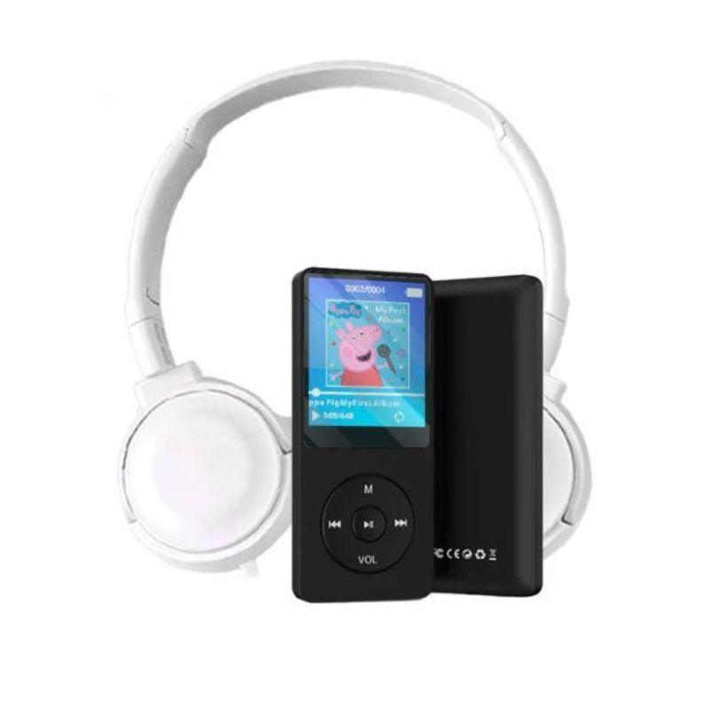 Black MP3 player with color screen and white over-ear headset for kids with no internet connection