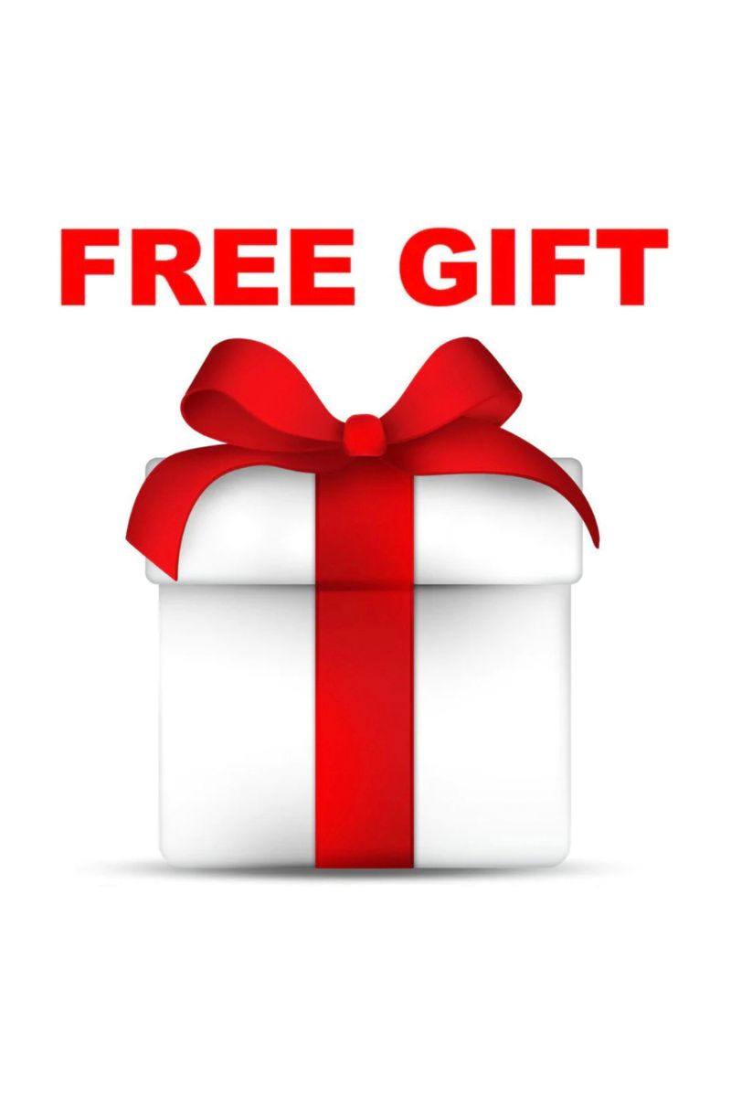 White gift box with red ribbon and bow labeled Surprise Free Gift