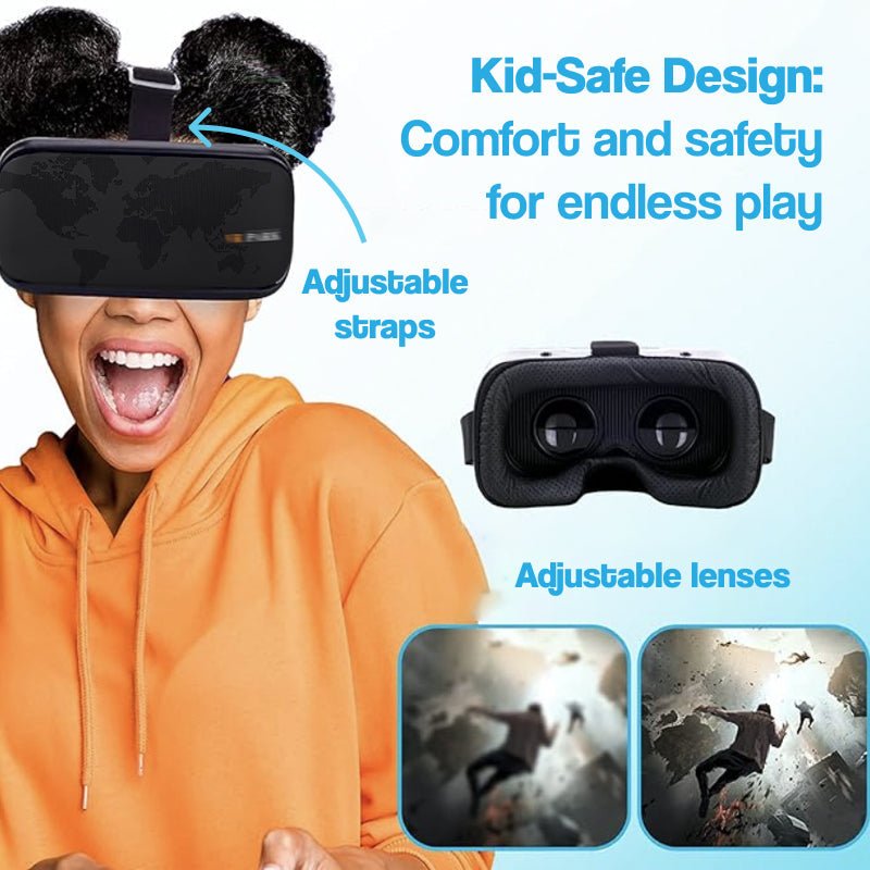 Child wearing interactive VR headset with adjustable straps and lenses for safe, comfortable play
