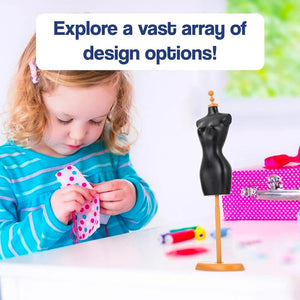 Young girl playing with fashion design studio kit, sewing fabric on mannequin, creative kids toy for ages 6+