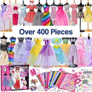 Fashion Design Studio Kit for Kids with dresses, fabrics, and accessories for creative fashion designing.