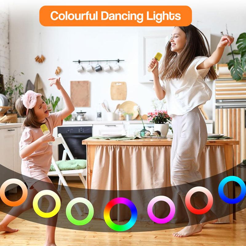 Mother and daughter having fun singing and dancing with Family Fun Karaoke Machine and colorful dancing lights in living room