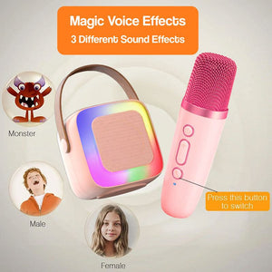 Family Fun Karaoke Machine with wireless mic, colorful speaker, and 3 magic voice effects for kids age 3+