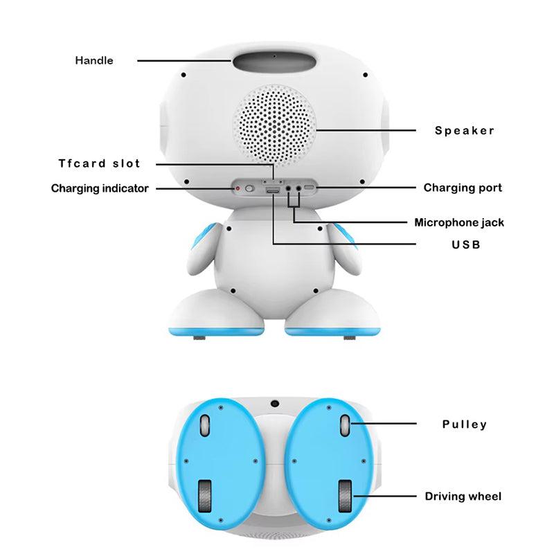 Back and bottom view of AI-powered STEM learning robot showing handle, speaker, charging port, microphone jack, USB, TF card slot, charging indicator, pulley, and driving wheels.