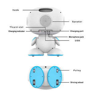 Back and bottom view of AI-powered STEM learning robot showing handle, speaker, charging port, microphone jack, USB, TF card slot, charging indicator, pulley, and driving wheels.
