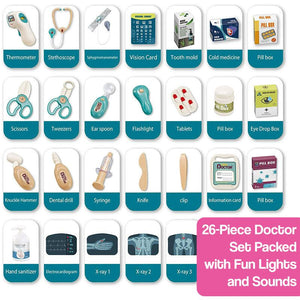 26-piece Little Doctor Adventure Play Kit with thermometer, stethoscope, syringe, X-ray images, and pretend medical tools with lights and sounds for kids aged 3+
