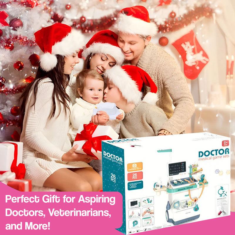 Family in Santa hats unwrapping Little Doctor Adventure Play Kit Christmas gift for kids age 3+ with medical toy set and accessories