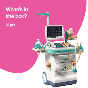 Little Doctor Adventure Play Kit 26-piece medical trolley toy with lights and sounds for kids.