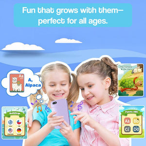 Two young children playing with a Little Genius Dual Camera educational toy smartphone surrounded by colorful learning icons on a blue background