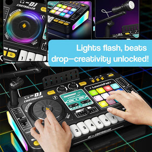Child playing with MixMaster Junior DJ Console featuring colorful lights and interactive buttons for creative musical play