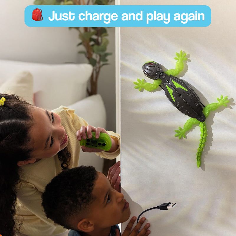 RC Robo-Lizard climbing robot toy on a wall with remote control