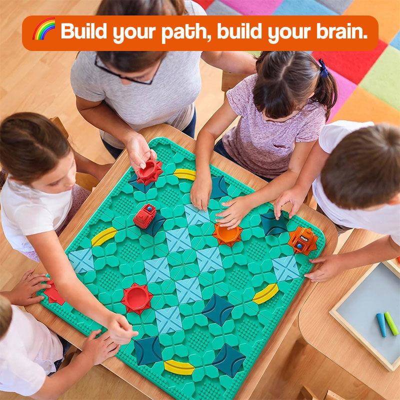 Build-A-Path Logic Puzzle with bulldozer and track pieces on challenge card setup for STEM learning