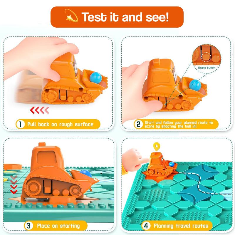 Build-A-Path Logic Puzzle game set with bulldozer, track pieces, and 118 challenge cards for STEM learning