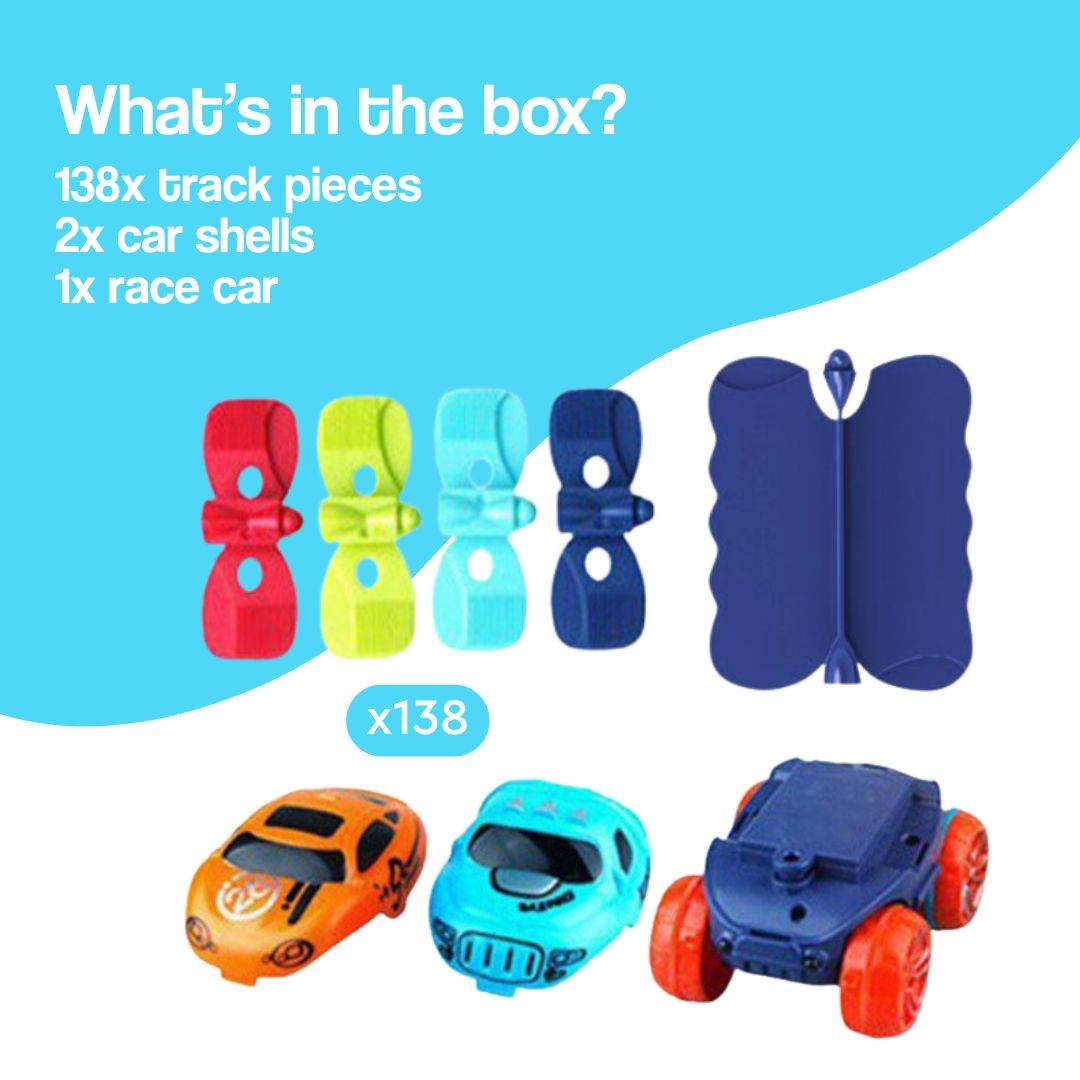Anti-Gravity Race Track with 138 colorful track pieces, 2 car shells, and 1 LED race car for hands-on racing fun.