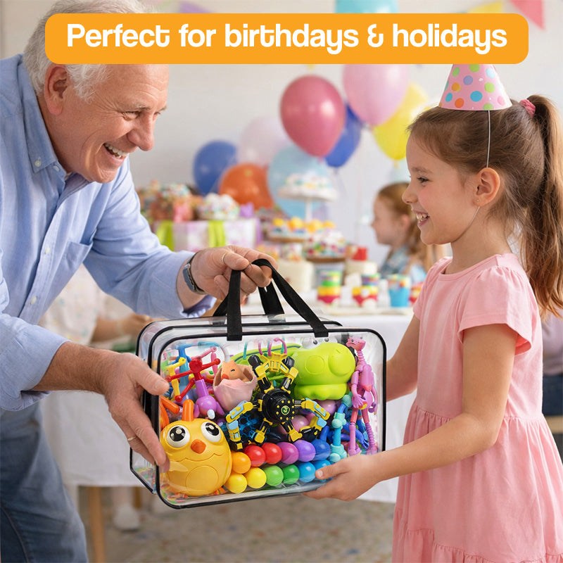 Clear screen-free busy bag filled with colorful engaging toys for kids ages 3-8, ideal for travel and playtime.