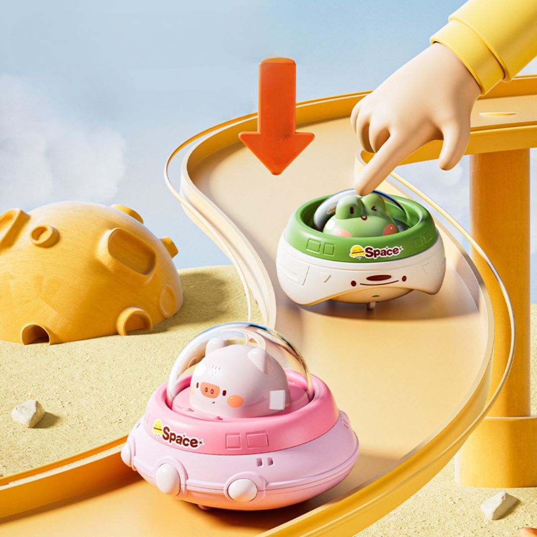 Inertia Flying Saucer toy cars for kids with push-to-move function and cute animal characters on a curved yellow track