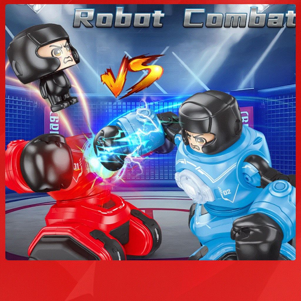 Remote control interactive robot toys in red and blue engaged in a boxing match with animated lightning effects and headgear helmets.