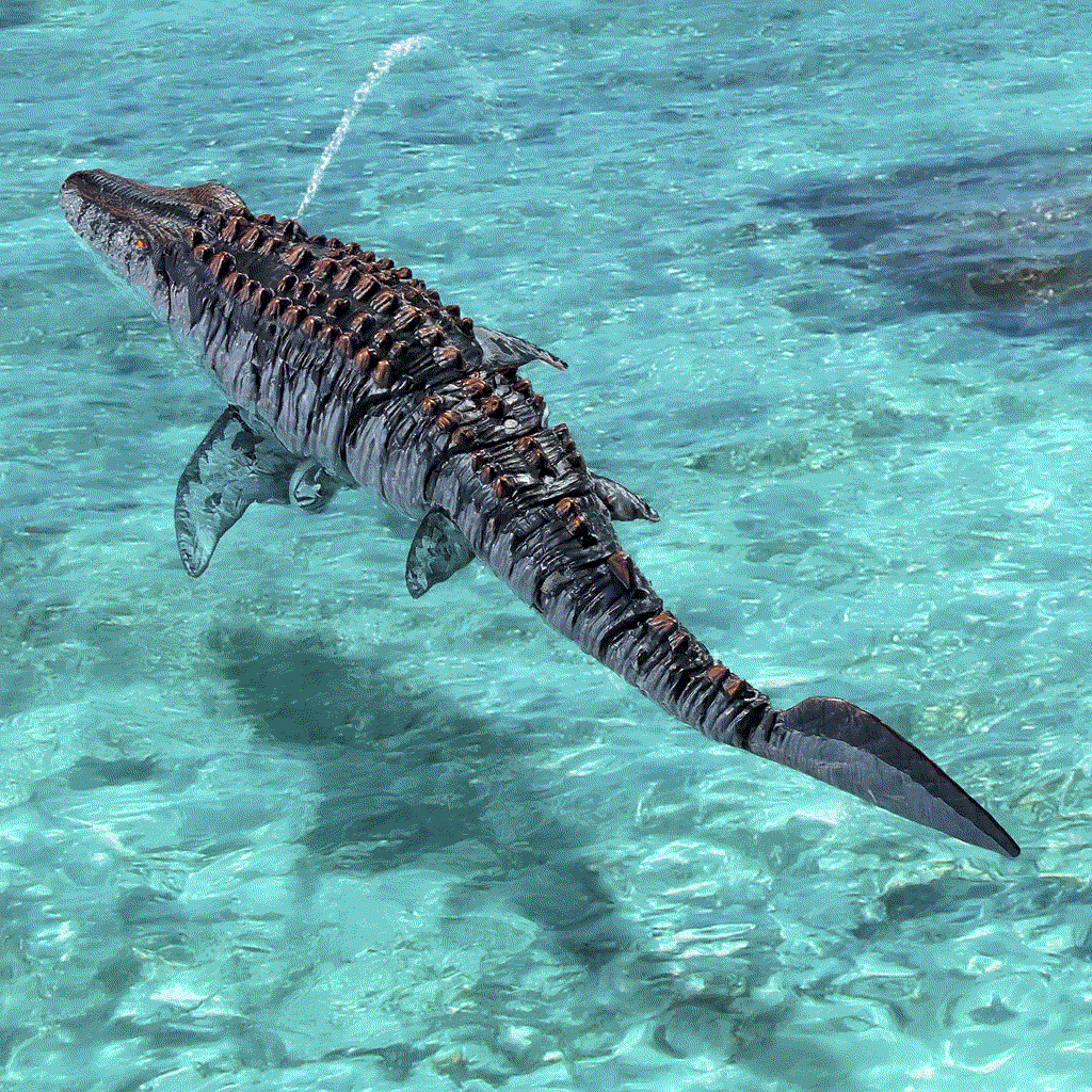 Remote Control Mosasaurus toy boat with water spray and lights for kids outdoor play