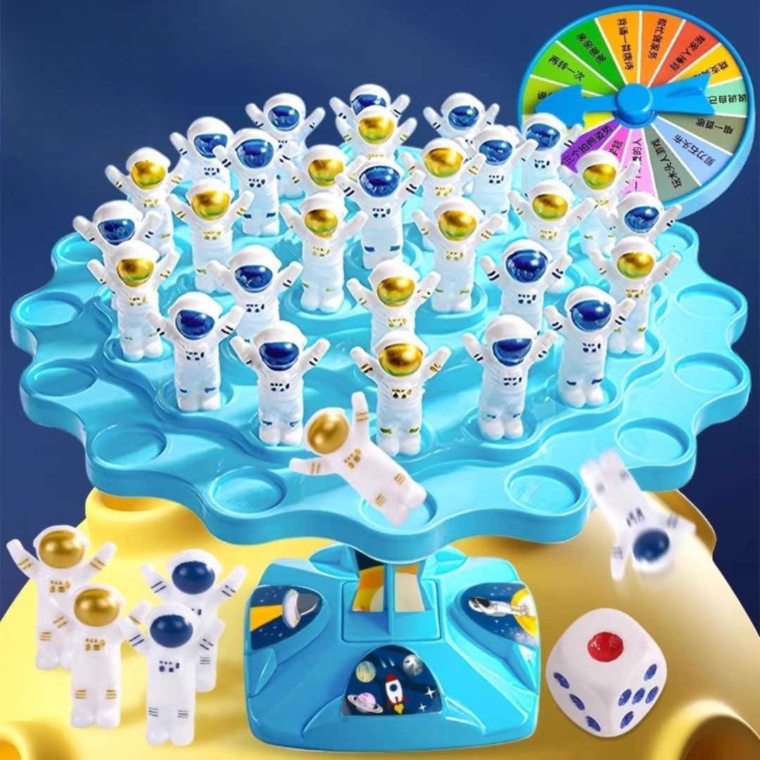 Balance Astronaut Stacking Game with plastic astronauts, dice, and spinner for kids' brain-boosting play and family fun.