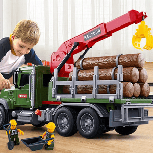 Child playing with oversized timber transport toy truck featuring a red crane and loaded with plastic logs