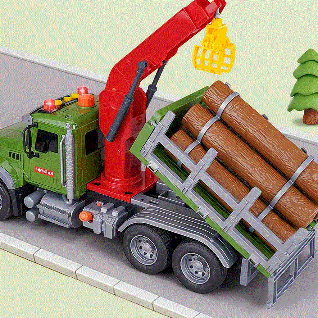 Oversized timber transport toy truck with crane, lights, music, and inertia-driven action for kids aged 4-6