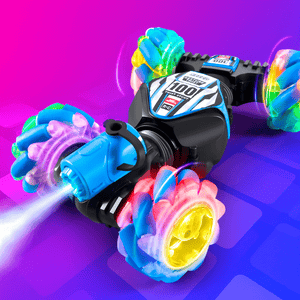 Gesture-sensing off-road drift remote control car with colorful wheels and LED lights on purple background