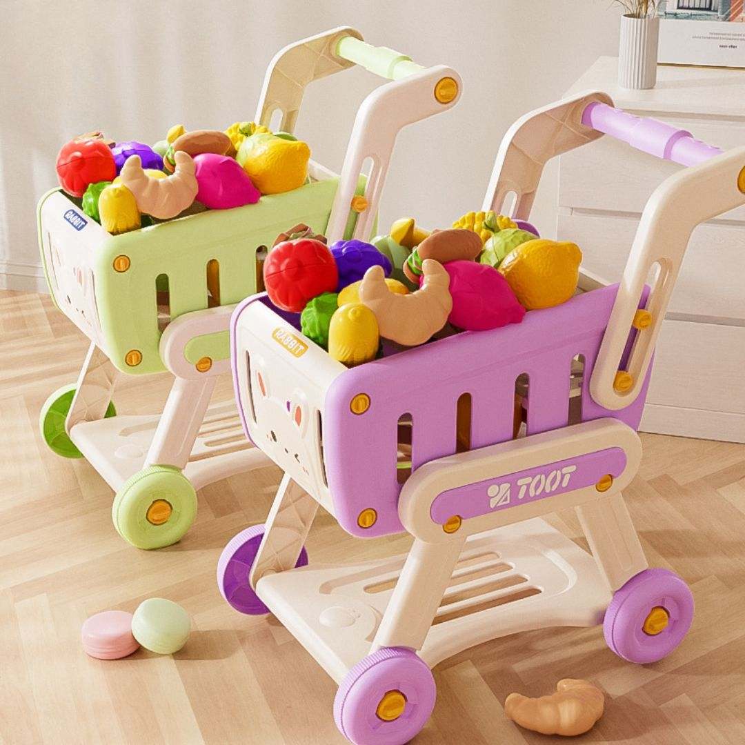 Colorful children's pretend shopping cart toys with plastic fruits and vegetables for imaginative play