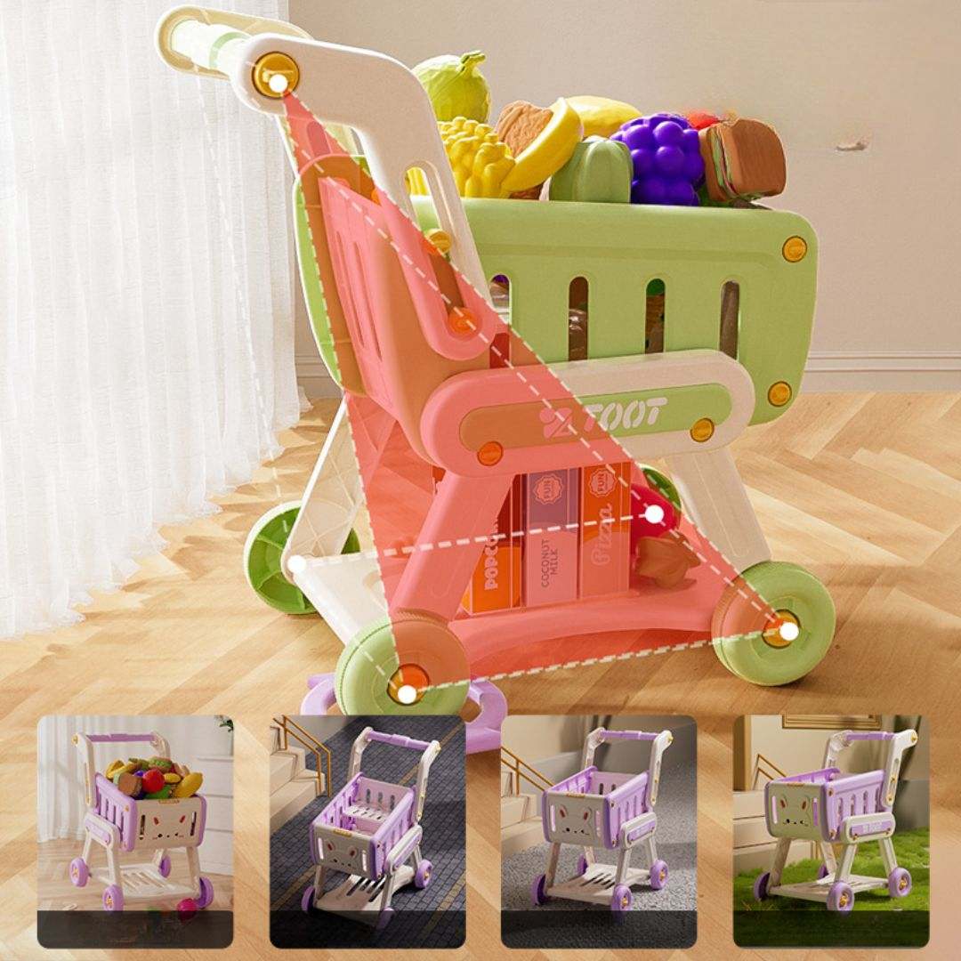 Children's colorful pretend shopping cart toy for imaginative play and skill development