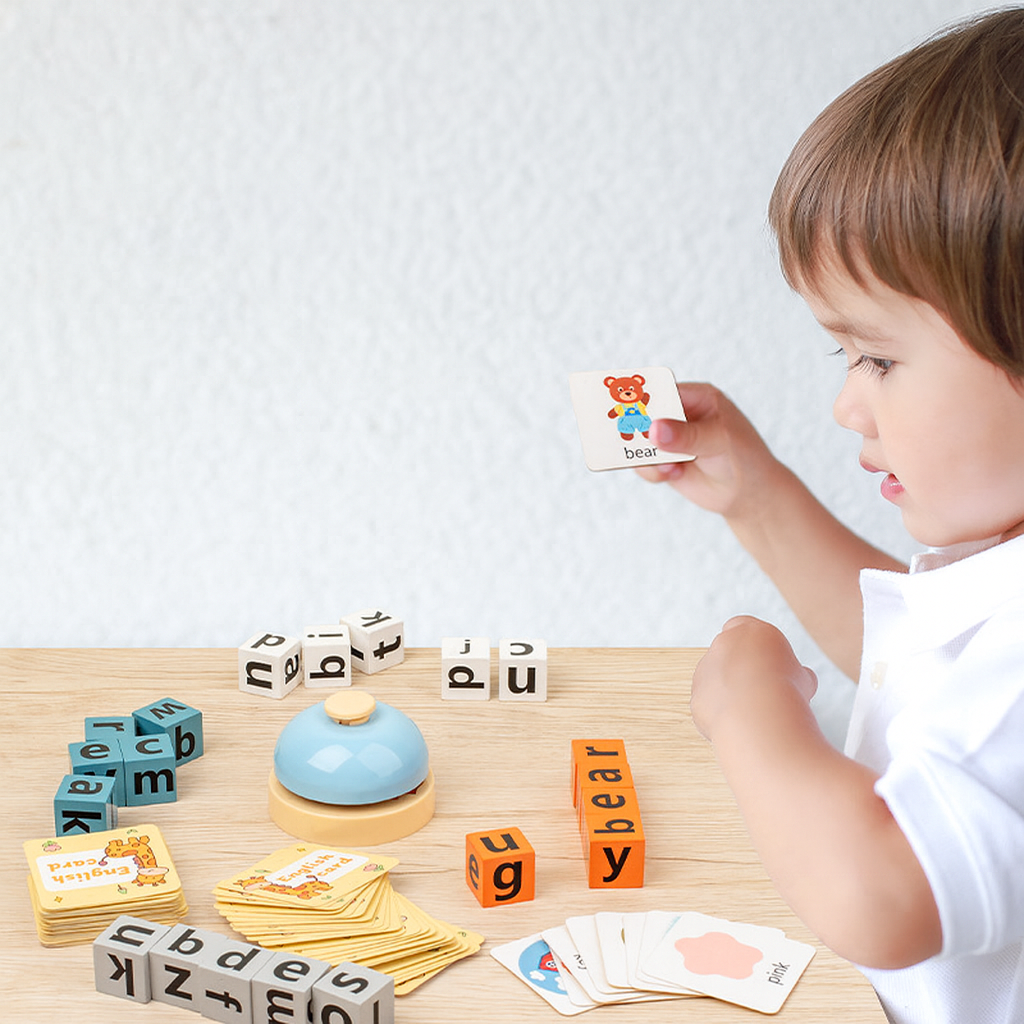 Child playing with Children's English Spelling Game wooden blocks and flashcards for early learning and cognitive development