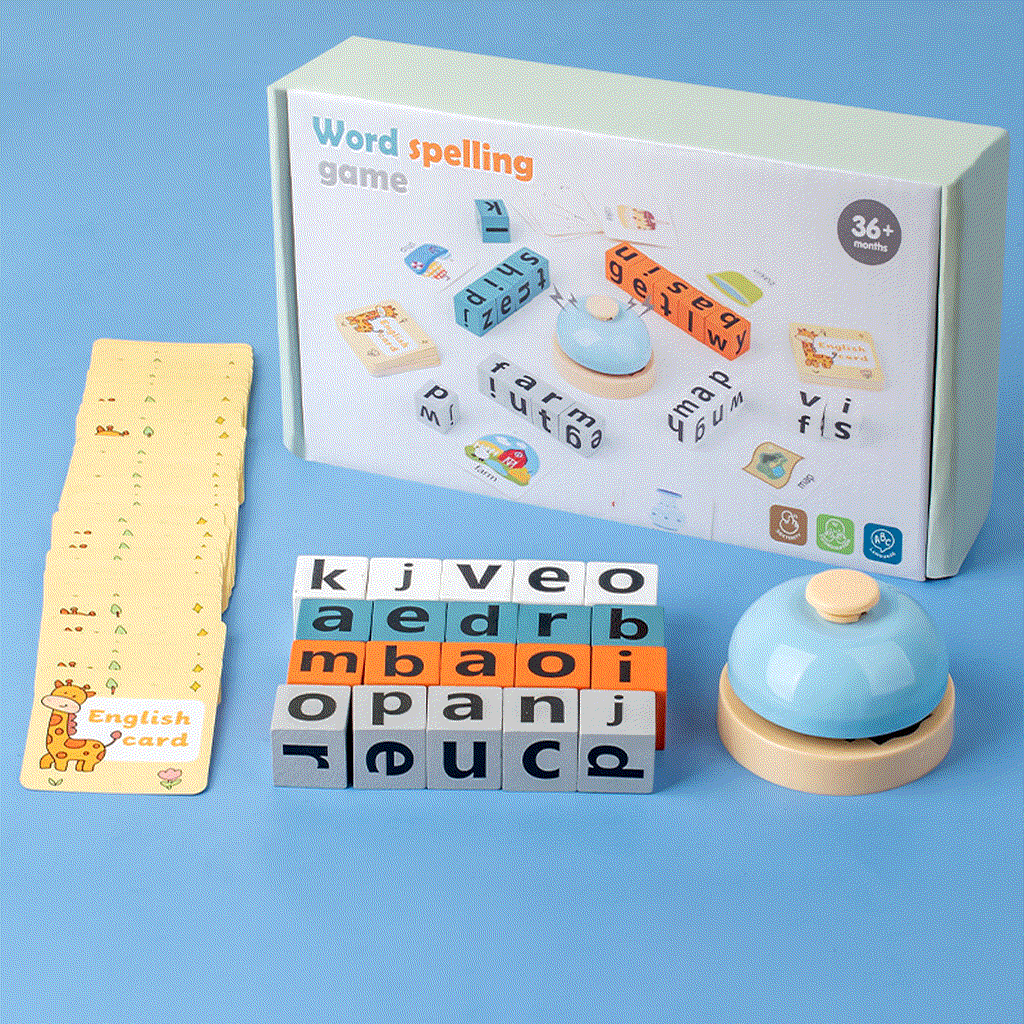 Children playing with a colorful wooden English spelling game toy for learning letters and words
