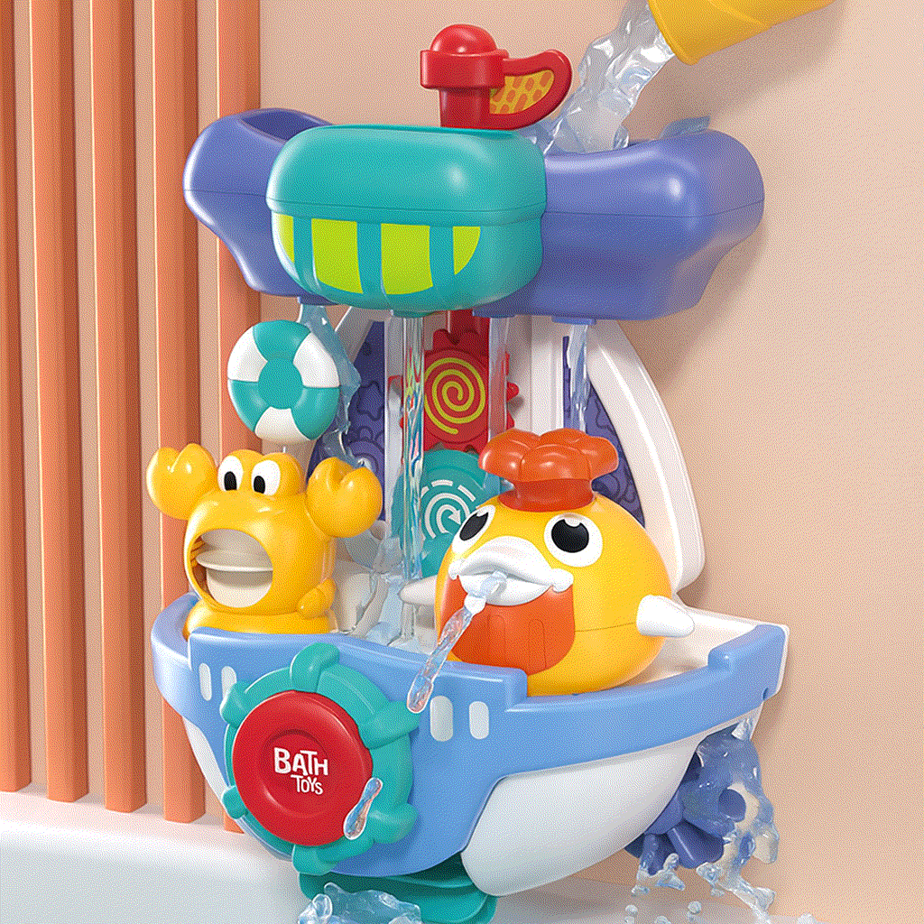 Spinning water-spraying bath toy in bright colors with interactive elements for kids' bath time fun and skill development