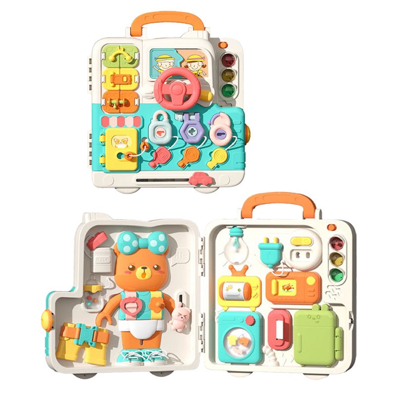 Colorful Busy Board Montessori educational toy for infants with lights, sounds, locks, and interactive elements for learning and motor skills development.