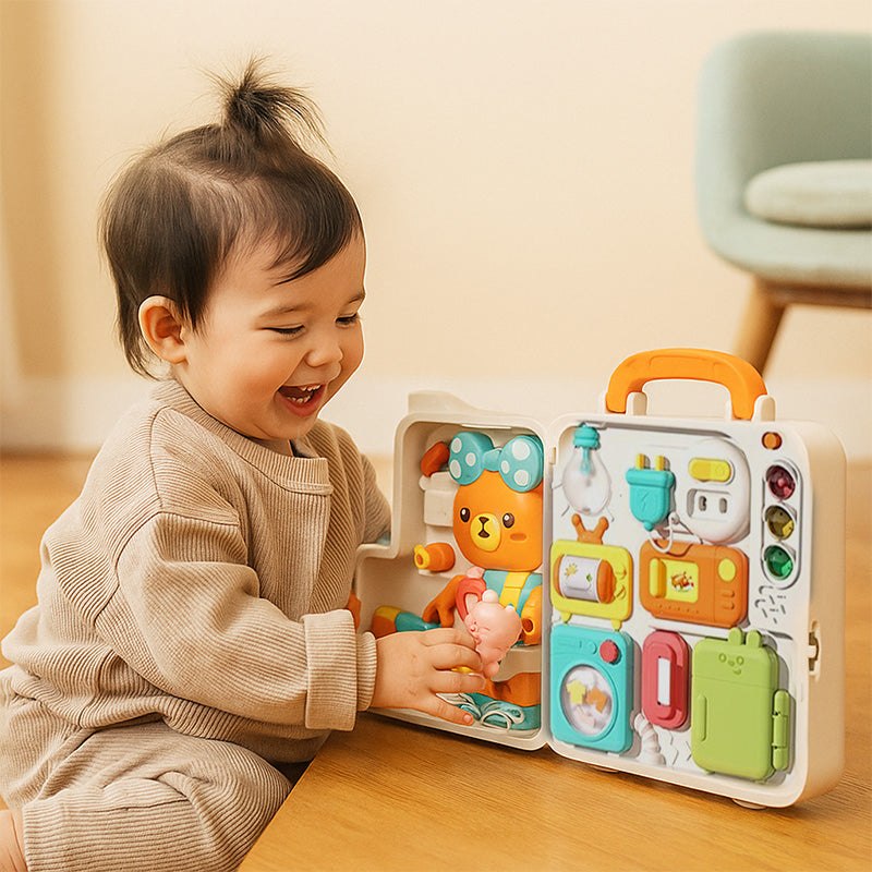 Baby playing with a colorful Busy Board Montessori educational toy for infants aged 0-36 months