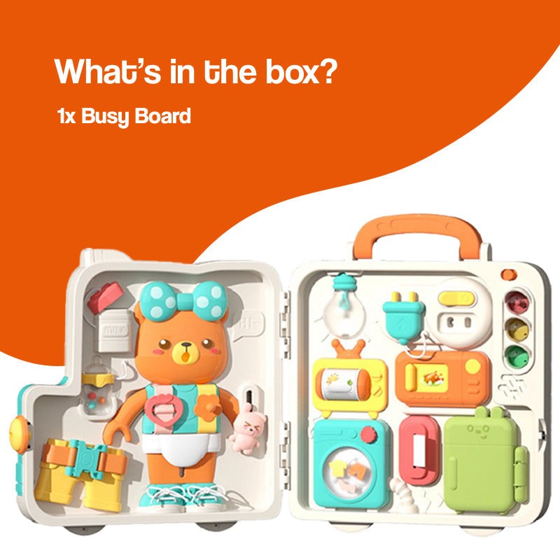 Busy Board Montessori educational toy for infants with interactive buttons, lights, and shapes in a portable carry case